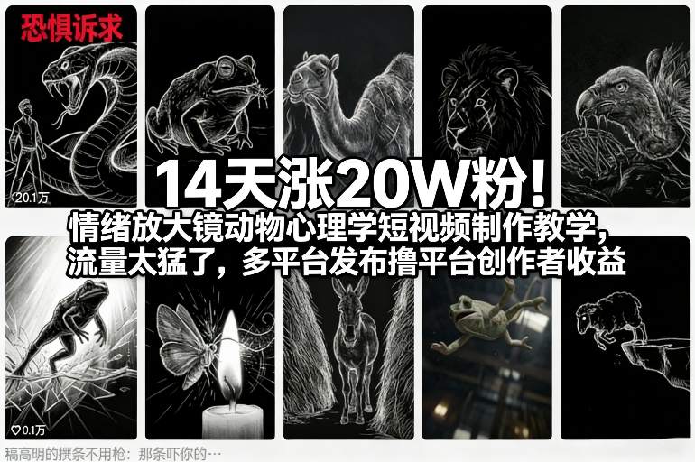 14天涨20W粉！情绪放大镜动物心理学短视频制作教学，流量太猛了，多平台发布撸平台创作者收益——豪客资源创业项目网-豪客资源_豪客资源库