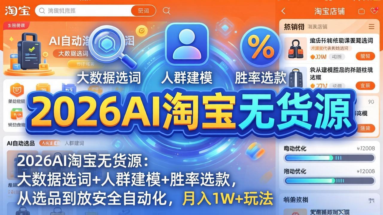 （17955期）2026AI淘宝无货源-4月更新：大数据选词+人群建模+胜率选款，从选品到放大全自动化，月入1W+玩法_豪客资源创业项目网-豪客资源_豪客资源库