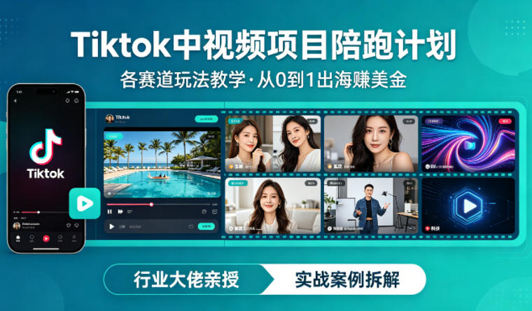 某大佬的Tiktok中视频项目陪跑，涵盖TK各个赛道玩法教学，从0到1出海賺美金——豪客资源创业项目网-豪客资源_豪客资源库