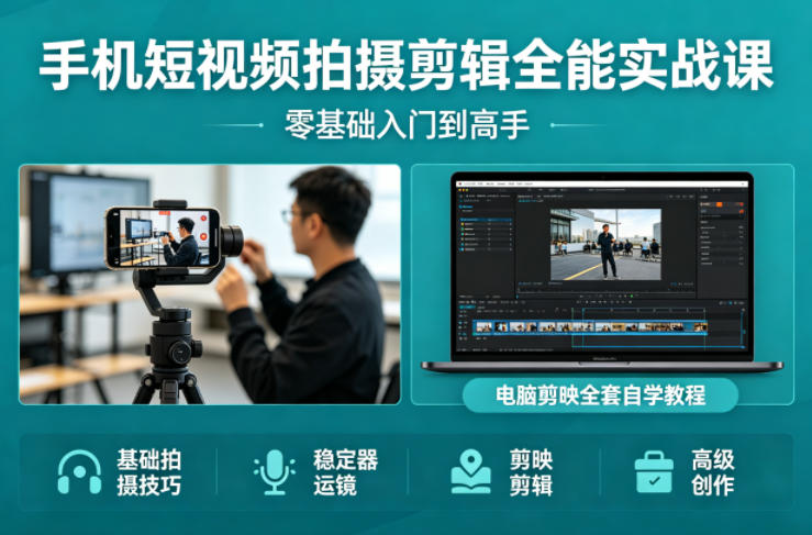 手机短视频拍摄剪辑全能实战课:零基础入门到高手,稳定器运镜+电脑剪映全套自学教程——豪客资源创业项目网-豪客资源_豪客资源库