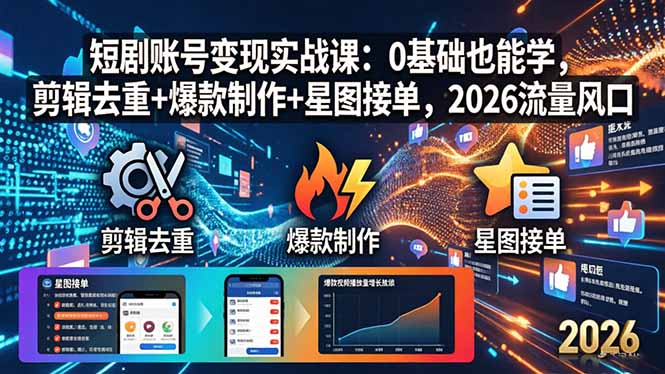 （18160期）短剧账号变现实战课：0基础也能学，剪辑去重+爆款制作+星图接单，2026流量风口_豪客资源创业项目网-豪客资源_豪客资源库